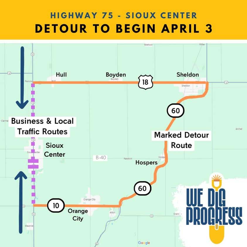 Official Sioux Center Highway 75 Detour To Run Through Sheldon 